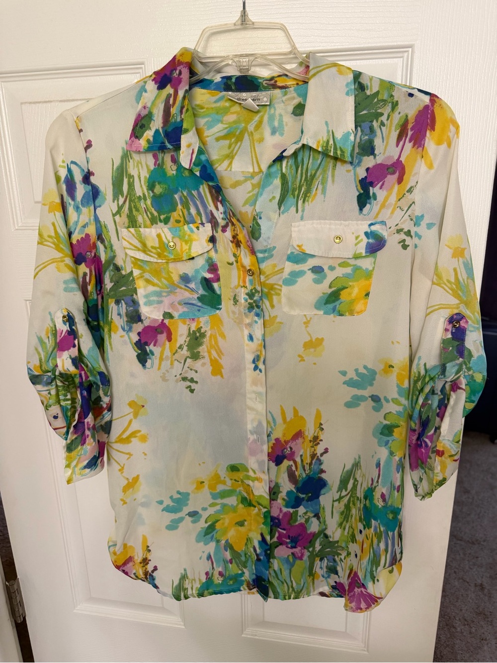 dressbarn Cream Sheer Floral Watercolor Blouse